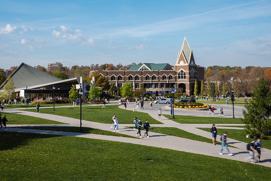A view of Gallagher Student Center and Bellarmine Chapel on the campus of Xavier University