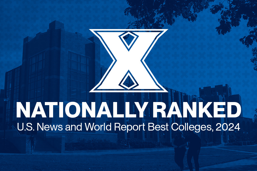 A Xavier University campus image with text overlaying that indicates the school is Nationally Ranked by the U.S. News and World Report Rankings for 2024