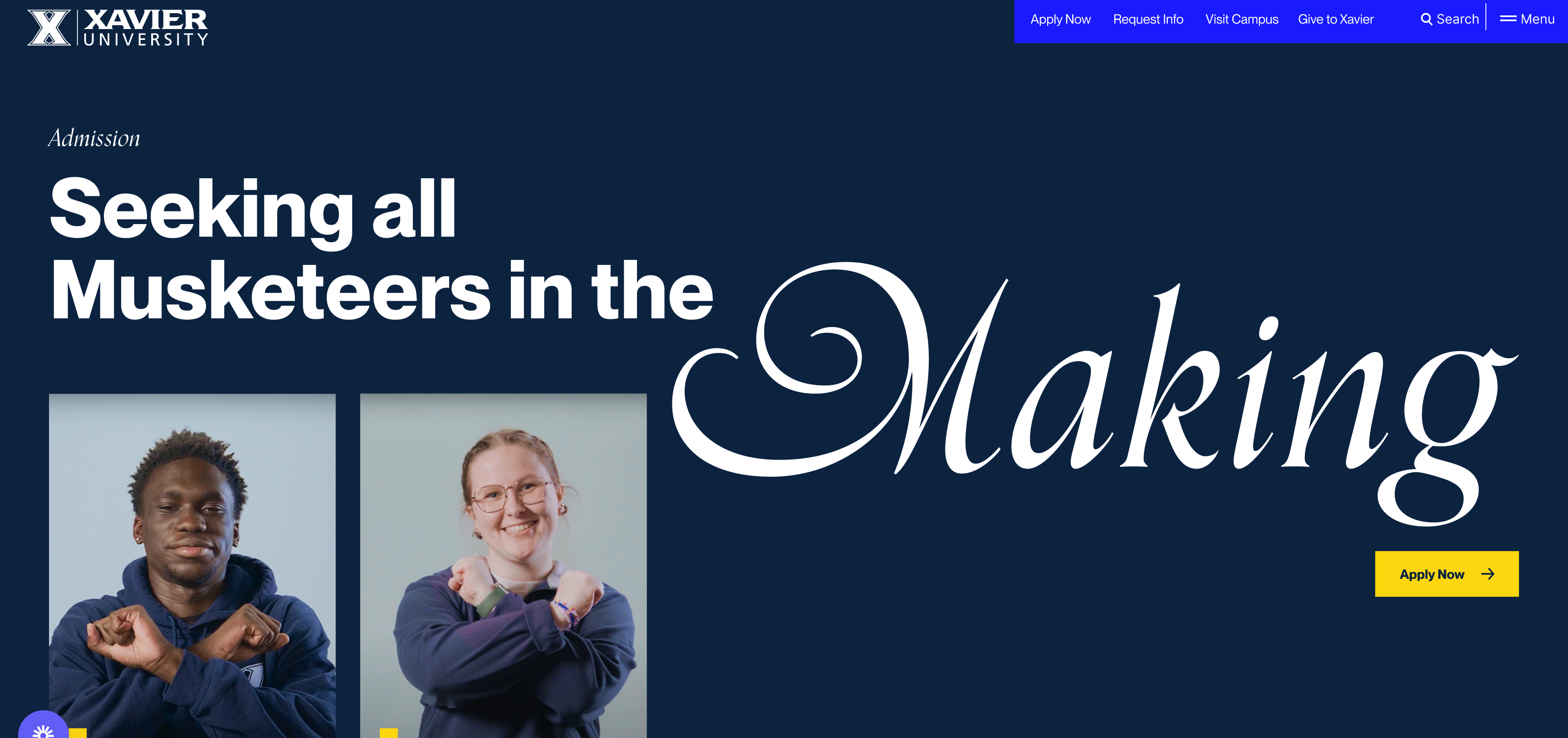 screenshot of the new xavier.edu homepage. Blue background with a x logo, which is filled in with the face of a student.