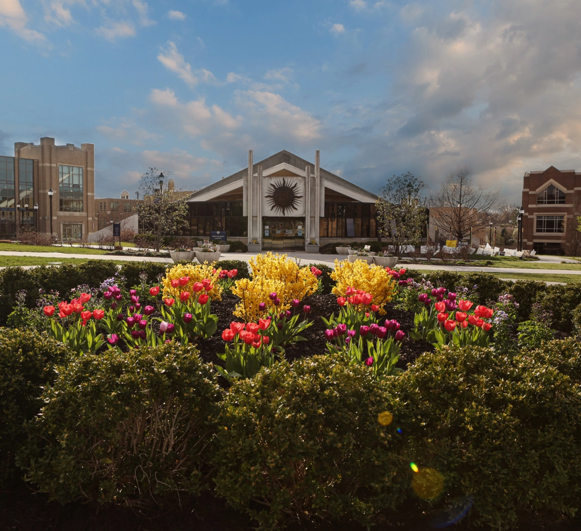 Flowers outside of Bellarmine Chapel