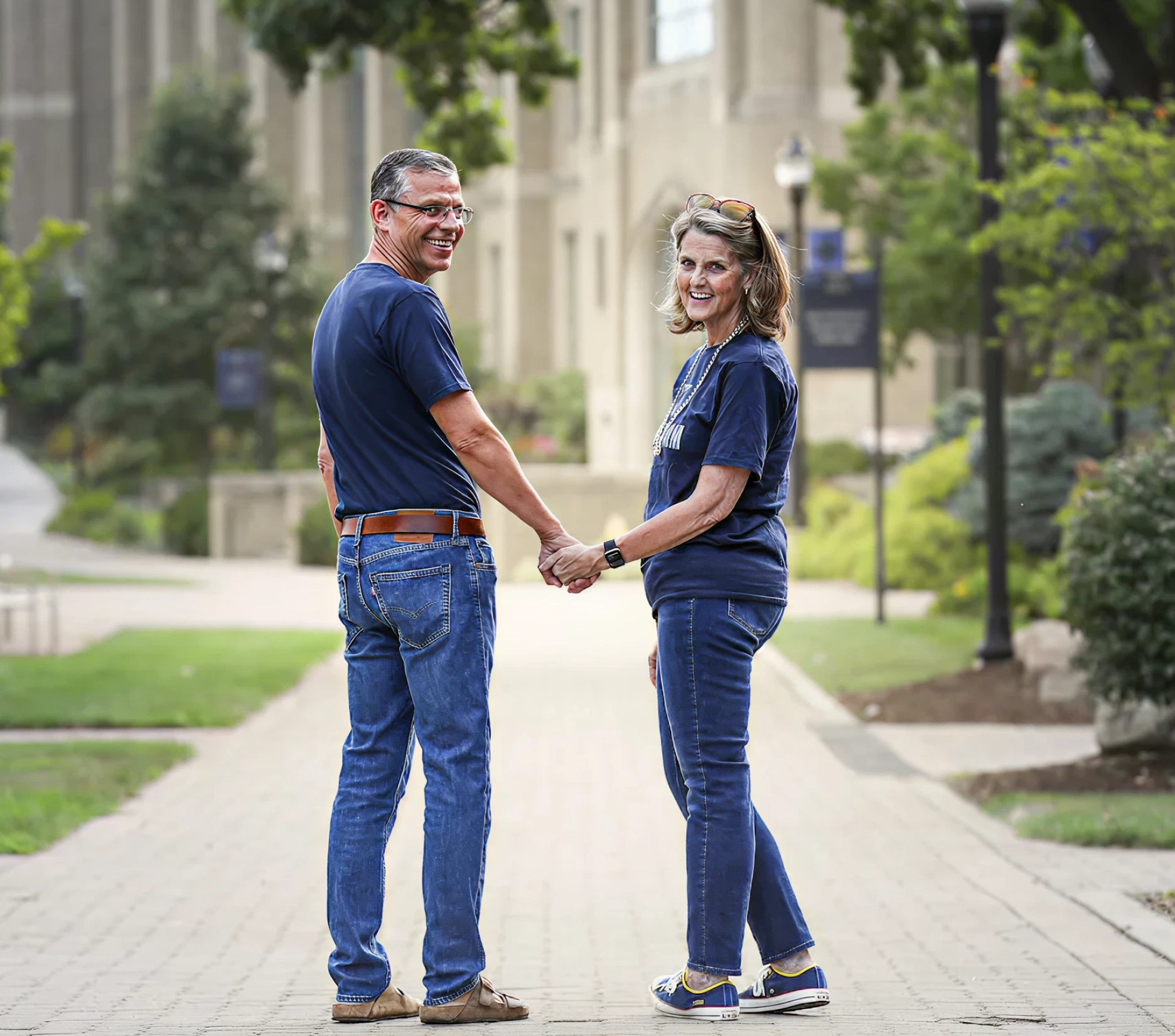 President Hanycz and her husband walking on campus