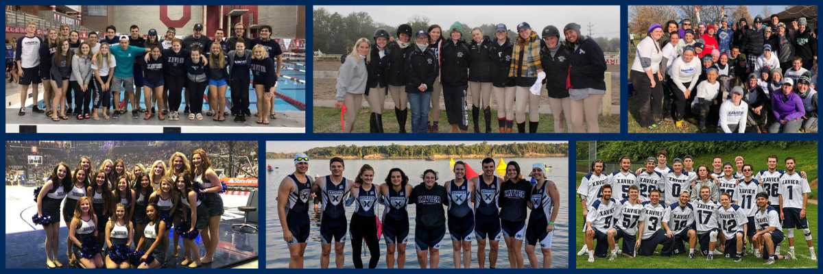 A collage of six photos of Club Sports groups: swimming, equestrian, softball, dance, rowing and rugby