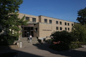 Exterior of Brockman Hall residence hall on campus