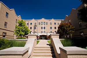 Exterior of Buenger Hall residence hall on campus