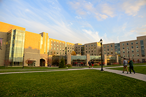 Exterior of the Justice Hall residence hall on campus