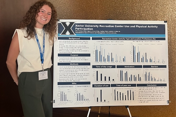 Ellie Shulz standing beside a research poster titles Xavier University Recreation Center Use and physical activity participation