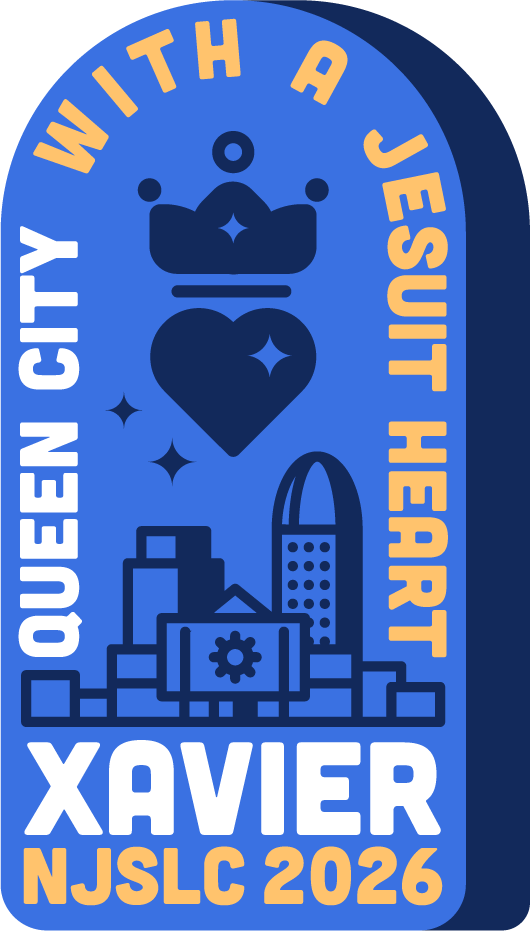 Xavier NJSLC 2026 logo with text that reads Queen City with a Jesuit Heart