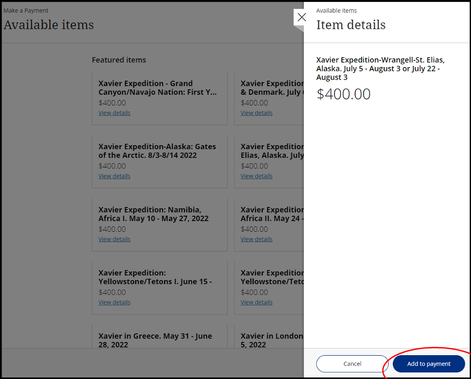 Available Items with Item Details for experience chosen and Add to Payment circled