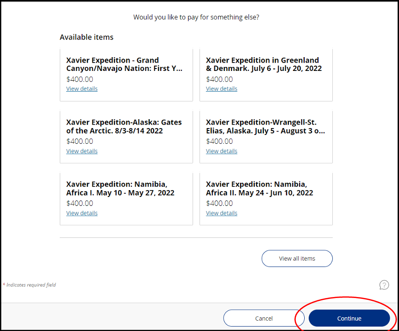 Would you like to pay for something else page with continue circled