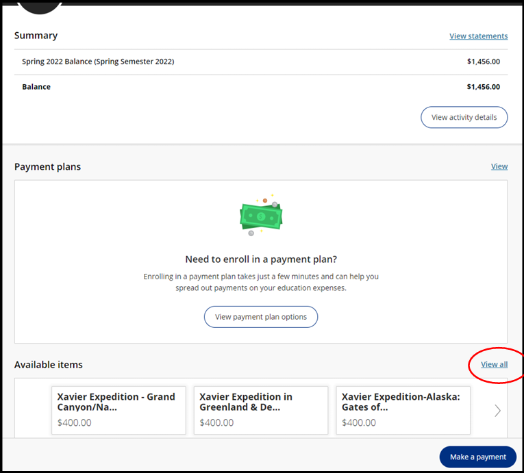Bursar Account Home Page with View All circled