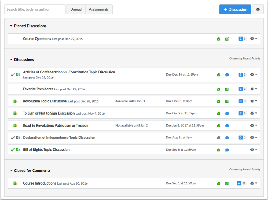 Screenshot of Canvas discussions