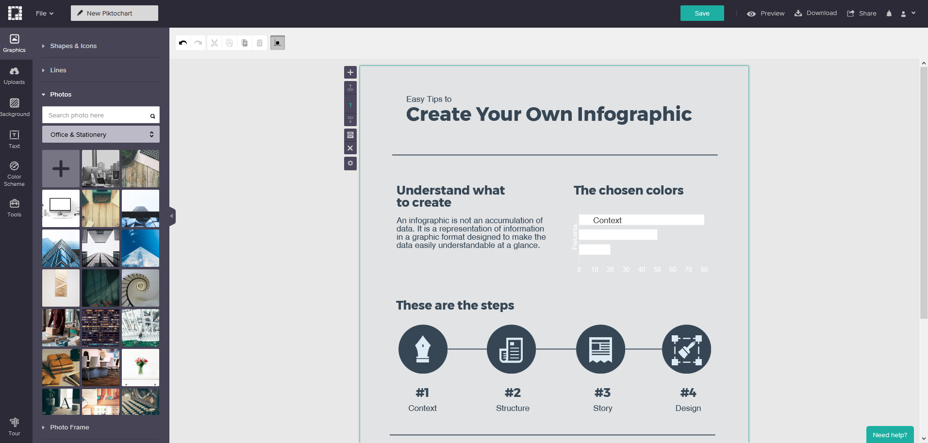 Screenshot of Piktochart interface with interface to create infographic, choose colors, and download images
