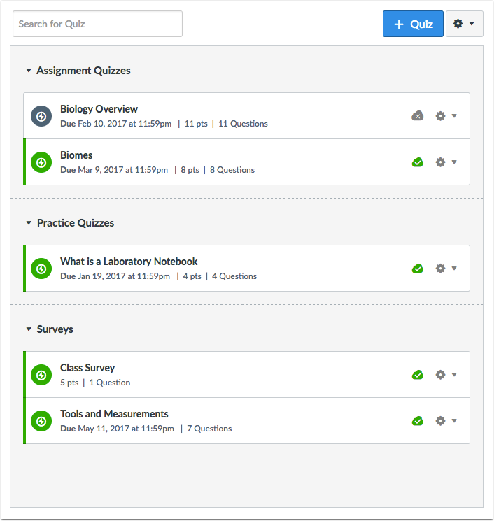 Screenshot of Canvas quizzes