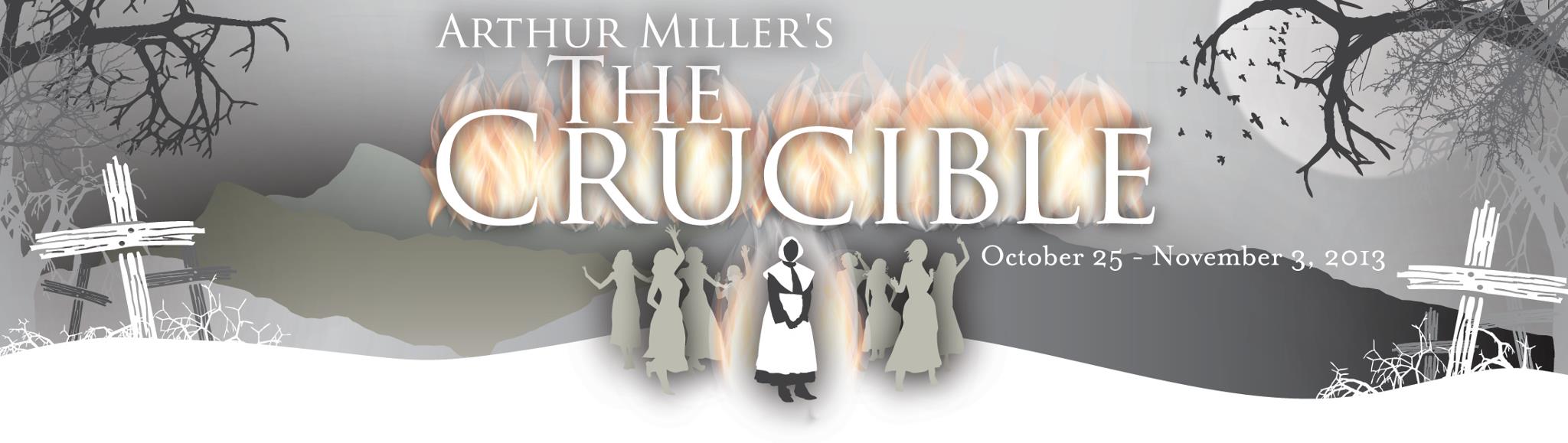 Theater poster for Arthur Miller's The Crucible, Oct. 25- Nov. 3, 2013. Image shows a a drawing of a person in a dress, bonnet and apron in a graveyard.