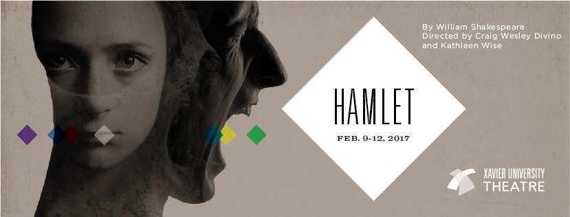Theatre poster for Hamlet, By William Shakespeare, Directed by Craig Wesley Divino and Kathleen Wise, Feb. 9-12, 2017. Image shows a man yelling and a woman looking into the camera.