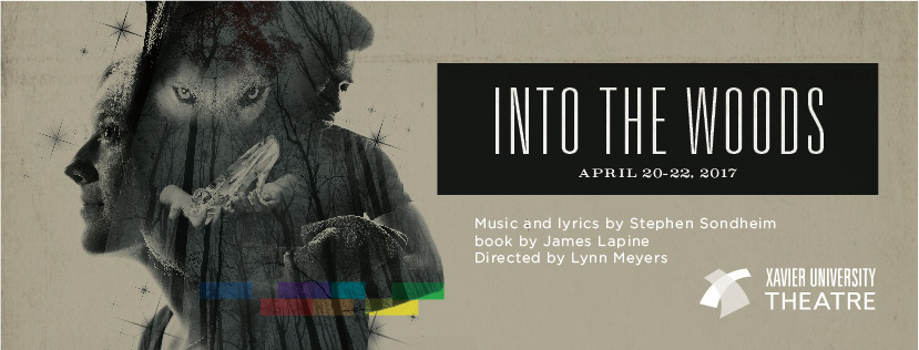 Theatre poster for Into the Woods, Music and Lyrics by Stephen Sondheim, Book by James Lapine, Directed by Lynn Meyers, April 20-22, 2017. Image shows two people and a wolf.