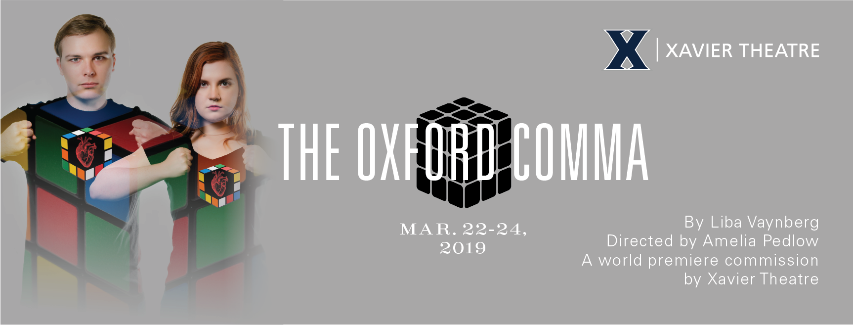 Poster for The Oxford Comma with two people in Rubix cube costumes