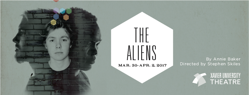 Theatre poster for The Aliens, By Annie Baker, Directed by Stephen Skiles, March 30- April 2, 2017. Image shows three people looking in different directions.