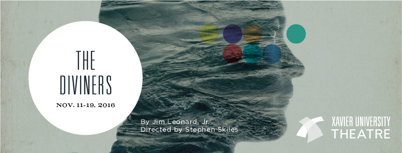 Theatre poster for The Diviners, By Jim Leonard, Jr., Directed by Stephen Skiles, Nov. 11-18, 2016. Image shows the shape of a profile of someone's head filled in with water.