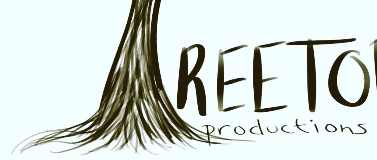 Drawing of a brown tree with a white background with 'Treetop Productions' written in the background