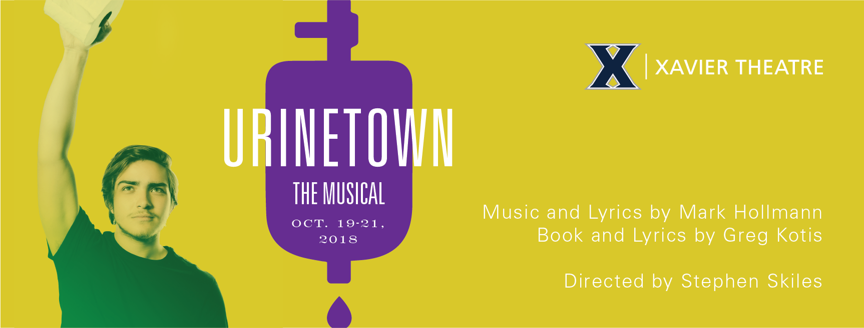 Poster for Urinetown, The Musical, with a person raising their hand