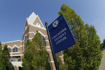 Photo of Sign in front of GSC Building that reads 'Gallagher Student Center'
