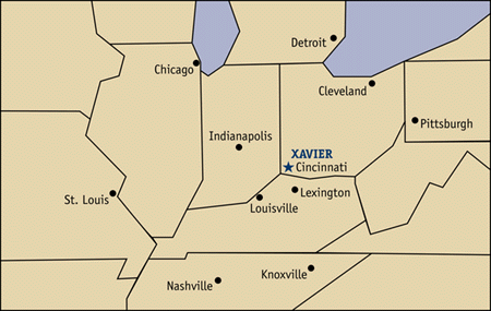 A map of the United States Midwest, showing Xavier's location in relation to major cities like Chicago and St. Louis