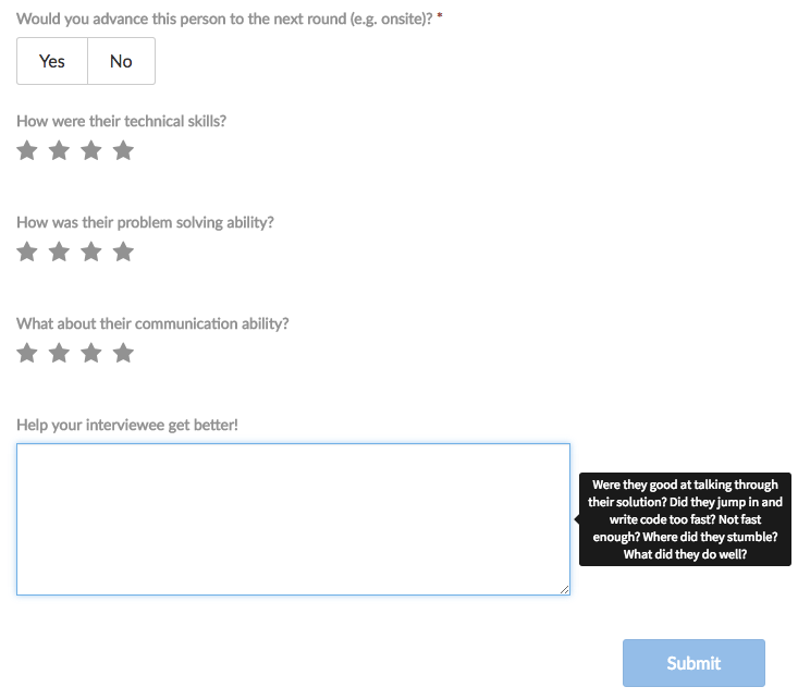 Screenshot of Interviewer Feedback