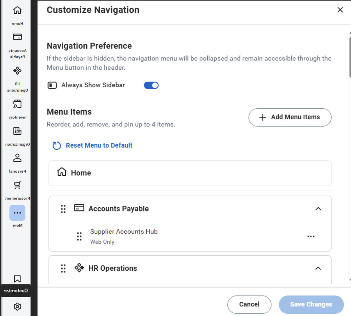 workday customize navigation screen