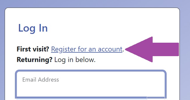 home screen wc online, arrow pointing to "register"